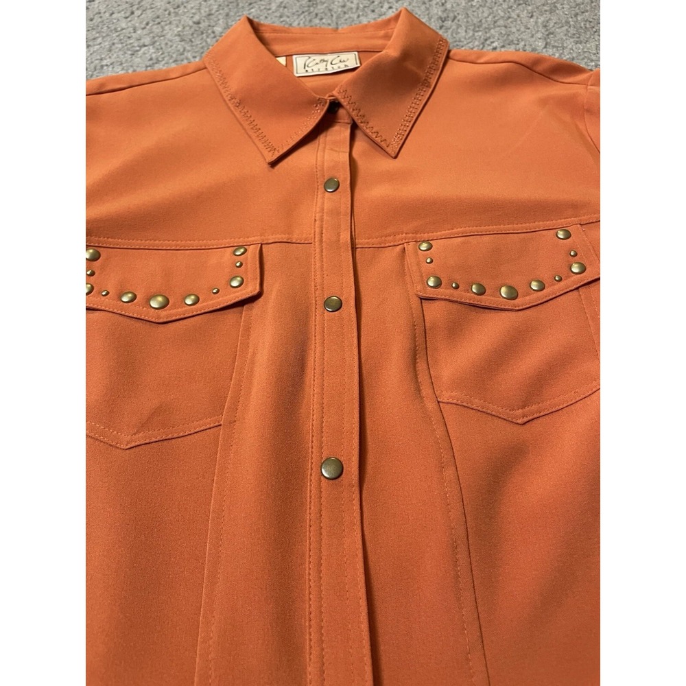 Vtg Kathy Che Button Front Shirt Women's S Studded Orange Pockets Career Casual - Picture 6 of 14